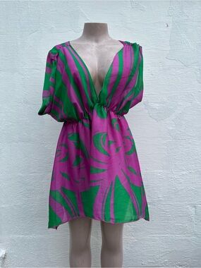 Famosa Fuchsia and Green Plunge V-Neck Mini Dress
